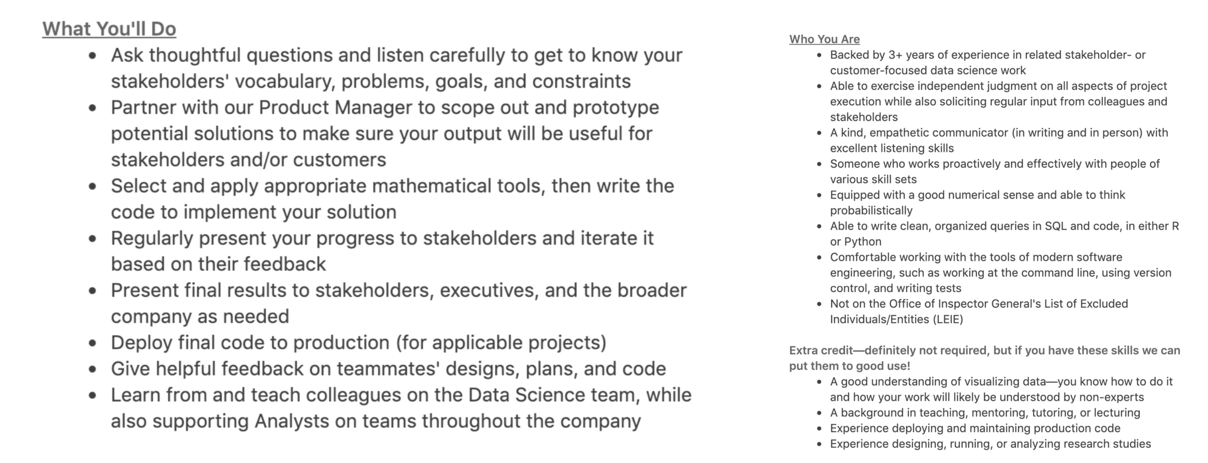 Example job descriptions